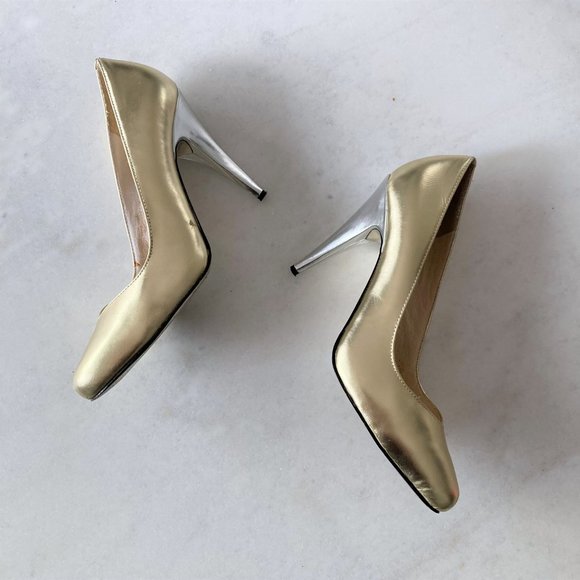 Michael Kors gold & silver leather high heel shoes / pumps, shiny metallic v toe - Picture 6 of 9